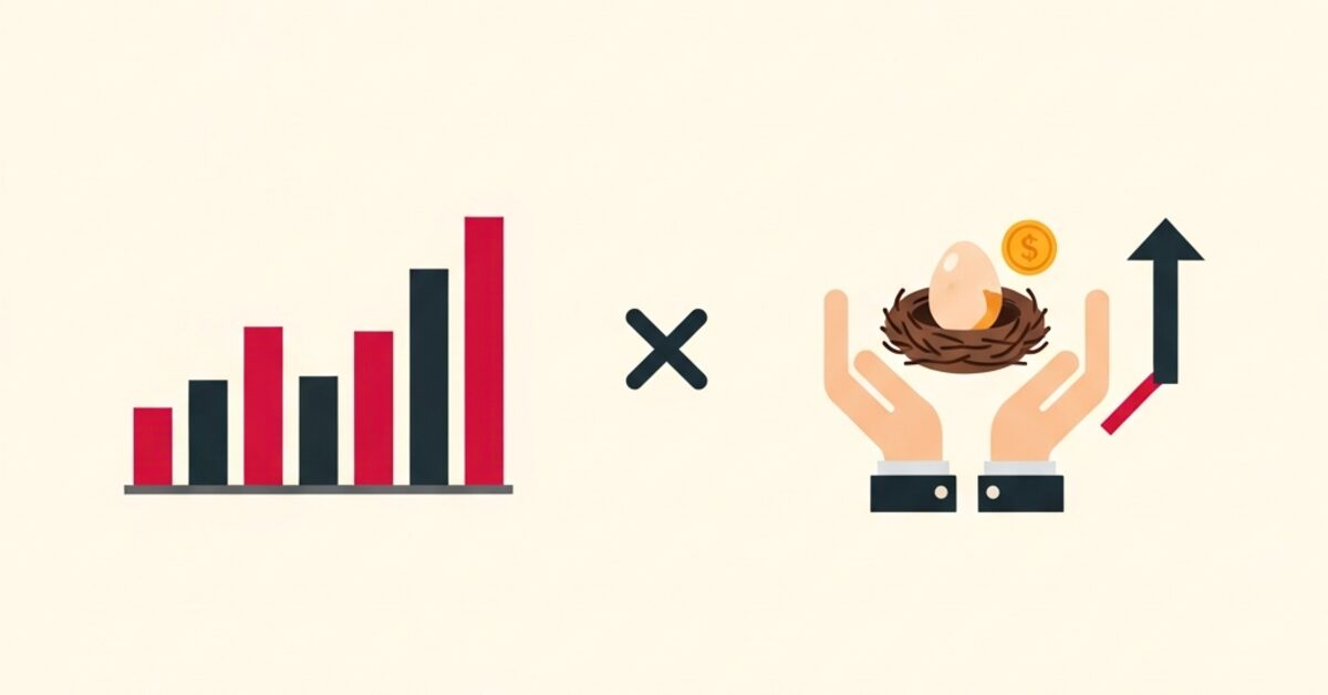 Illustration: a rising bar chart multiplied into a secure nest egg