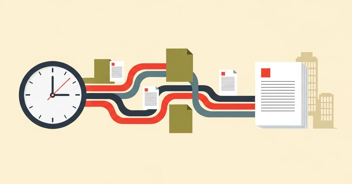 Illustration: a clock merged with streams of property data assembling into a clean decision document