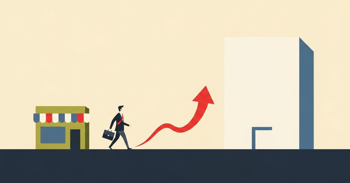 Illustration: a valuation dial multiplying a small business into a larger value while the owner walks away from a self-running company
