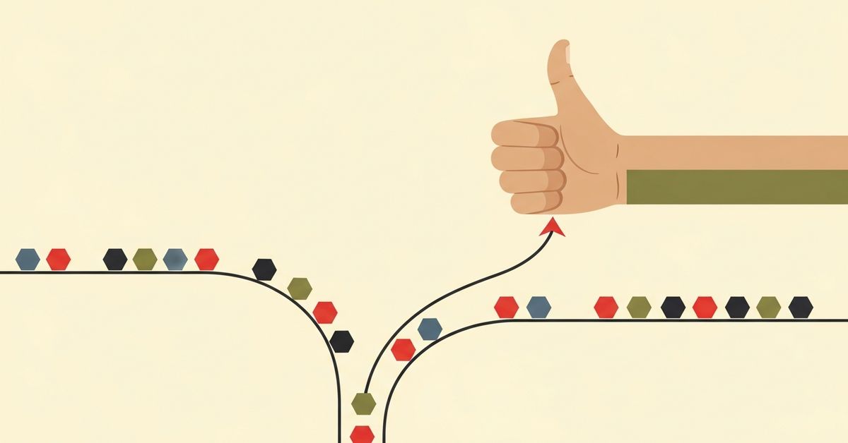 Illustration: an AI decision flowing to a checkpoint where a human hand holds an approval stamp while low-risk decisions pass through
