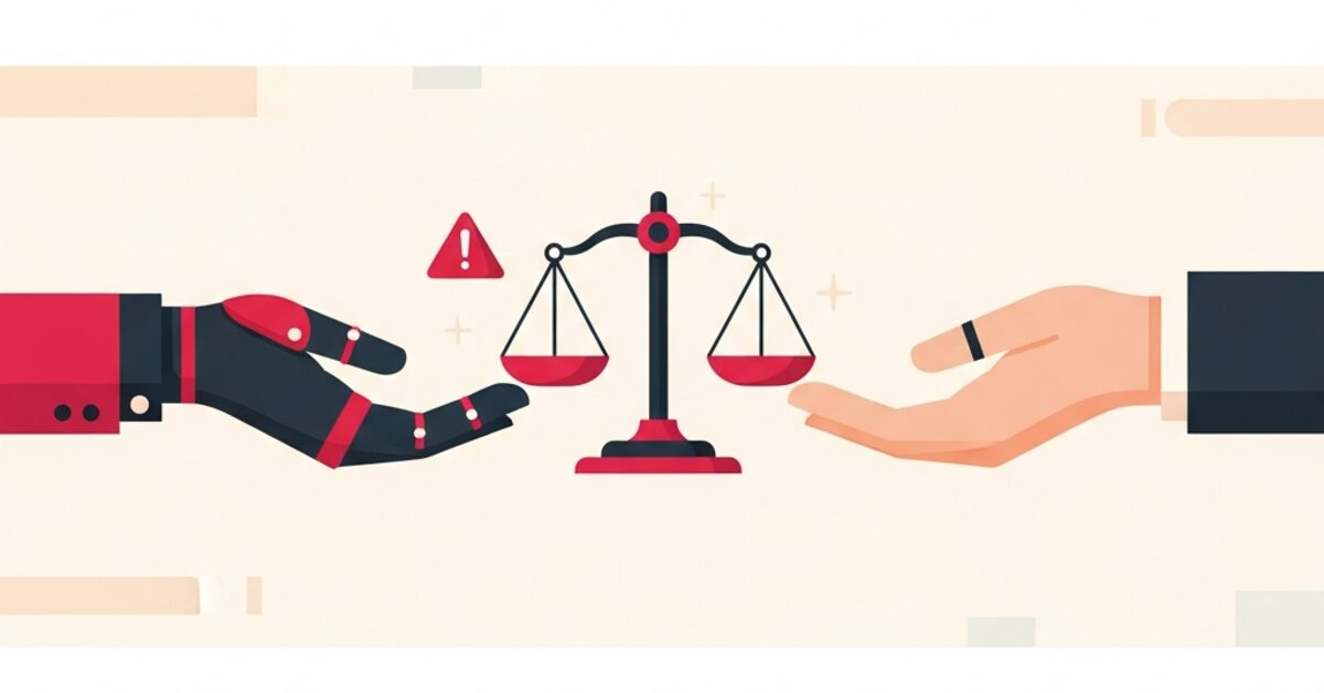 Illustration: scales of justice between a robot hand and a human hand