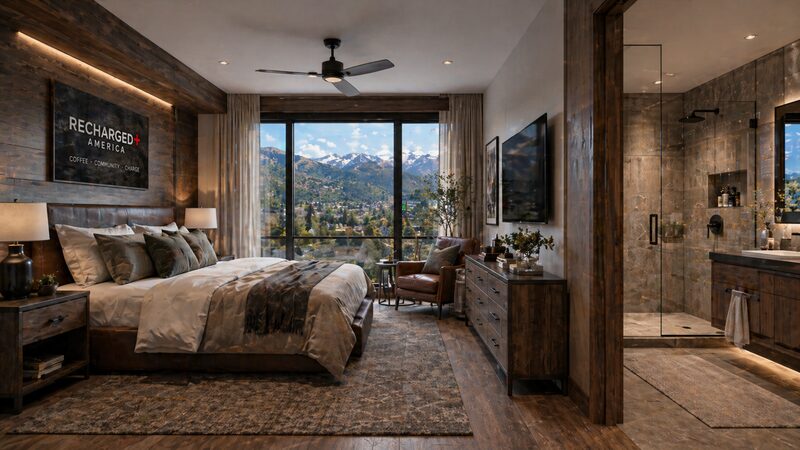 Master bedroom inside a Recharged+ America Edwards residence with reclaimed wood walls and panoramic mountain windows