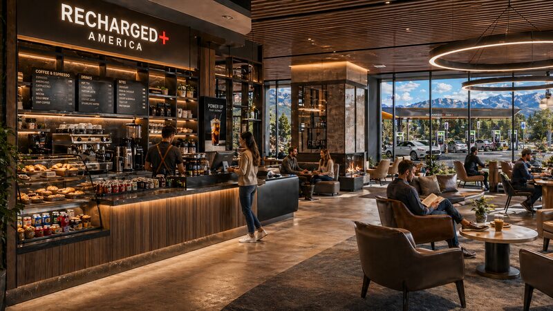 Coffee bar and seating lounge inside Recharged+ America Edwards, with the espresso menu board and pastry case