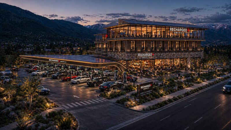 Recharged+ America Edwards Stone Yard at dusk, with illuminated charging stalls and the lit RECHARGED+ AMERICA marquee