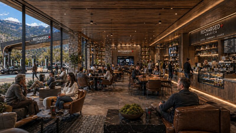 Recharged+ America Edwards interior coffee and lounge floor with timber ceilings and floor-to-ceiling mountain views