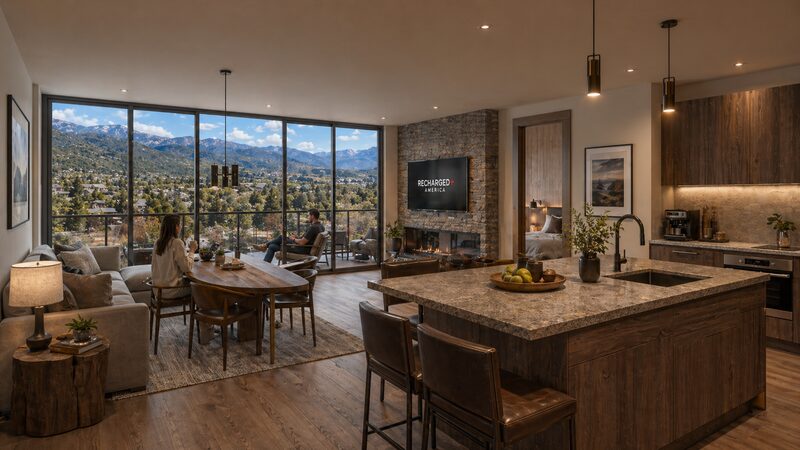 Open kitchen, dining, and living area in a Recharged+ America Edwards residence with floor-to-ceiling mountain views