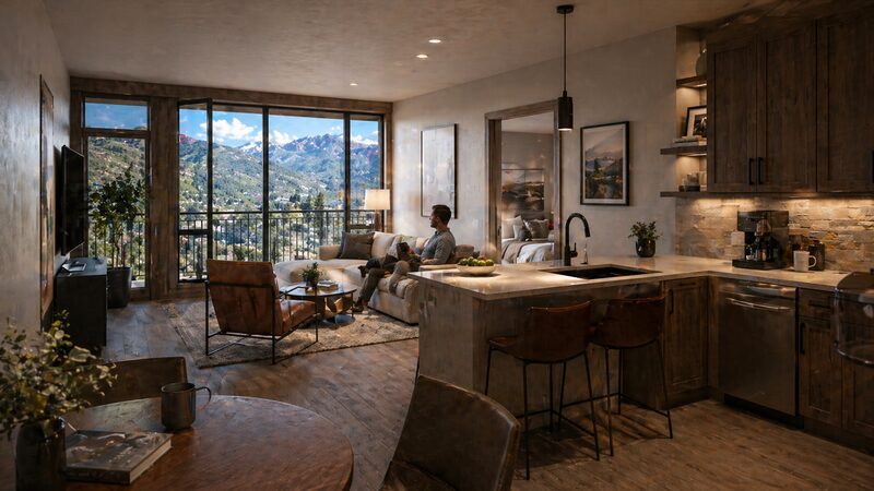 Mountain-style residence living room and kitchen at Recharged+ America Edwards with balcony overlooking the valley