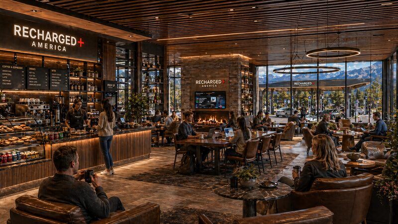 Lounge area at Recharged+ America Edwards with central stone fireplace, communal tables, and the EV charging canopy visible through the windows