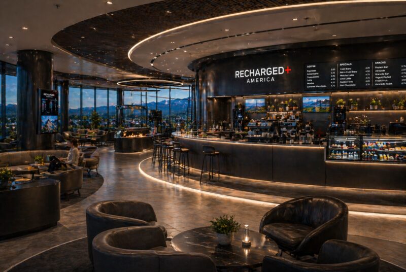 Curved coffee bar and panoramic lounge inside Recharged+ America Eagle County Airport, overlooking the valley
