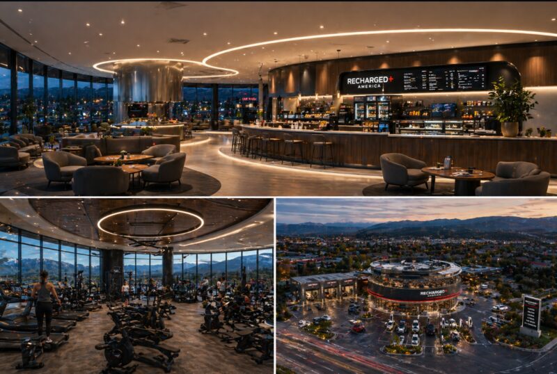 Composite overview of Recharged+ America Eagle County Airport showing the upper lounge, fitness floor, and aerial view of the site
