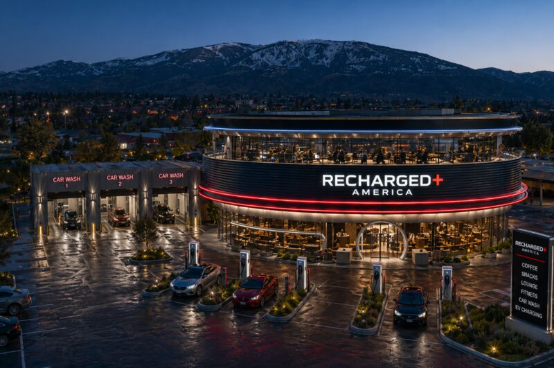 Recharged+ America Eagle County Airport circular flagship at dusk, with car wash bays, EV charging stalls, and snow-capped mountains