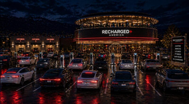 Recharged+ America Eagle County Airport at night, with rows of EVs charging beneath the illuminated facade